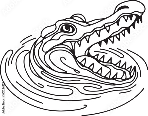 continuous one line art drawing of crocodile in water vector art illustration