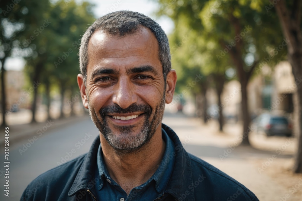 Close portrait of a smiling 40s Palestinian man looking at the camera, Palestinian outdoors blurred background Close portrait of a smiling 40s Palestinian man looking at the camera, Palestinian outdoors blurred background