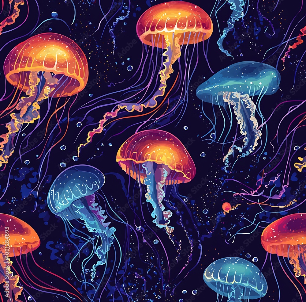 A seamless pattern of vibrant jellyfish with neon colors A seamless pattern of vibrant jellyfish with neon colors