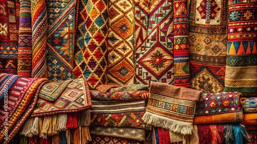 Vibrant, eclectic bohemian-inspired background featuring a mix of vintage textiles, natural fibers, and abstract