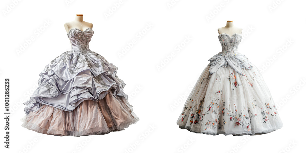 Obraz premium A couture ball gown with voluminous skirt and intricate beadwork, fairy tale style, isolated on white and transparent background
