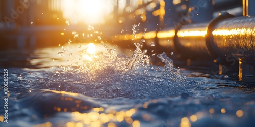Flowing water at a treatment plant during golden hour captures turbulent surface and splashing droplets, with industrial pipes and rippling effects depicting environmental technology