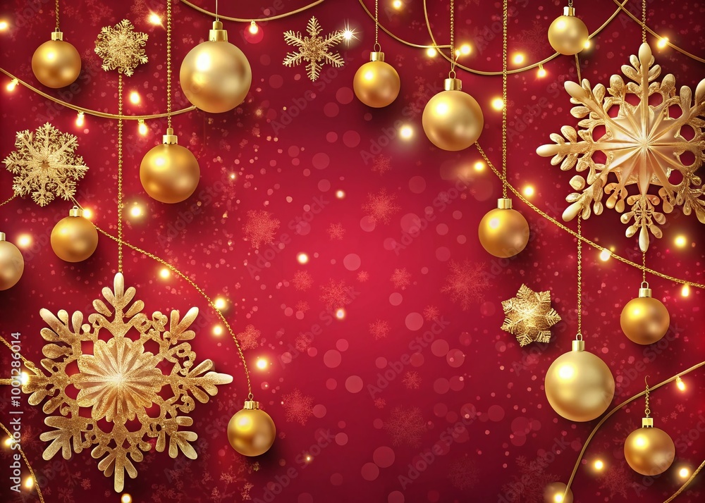 Vibrant festive background featuring golden ornaments, snowflakes, and subtle holiday lights on a soft crimson red Vibrant festive background featuring golden ornaments, snowflakes, and subtle holiday lights on a soft crimson red