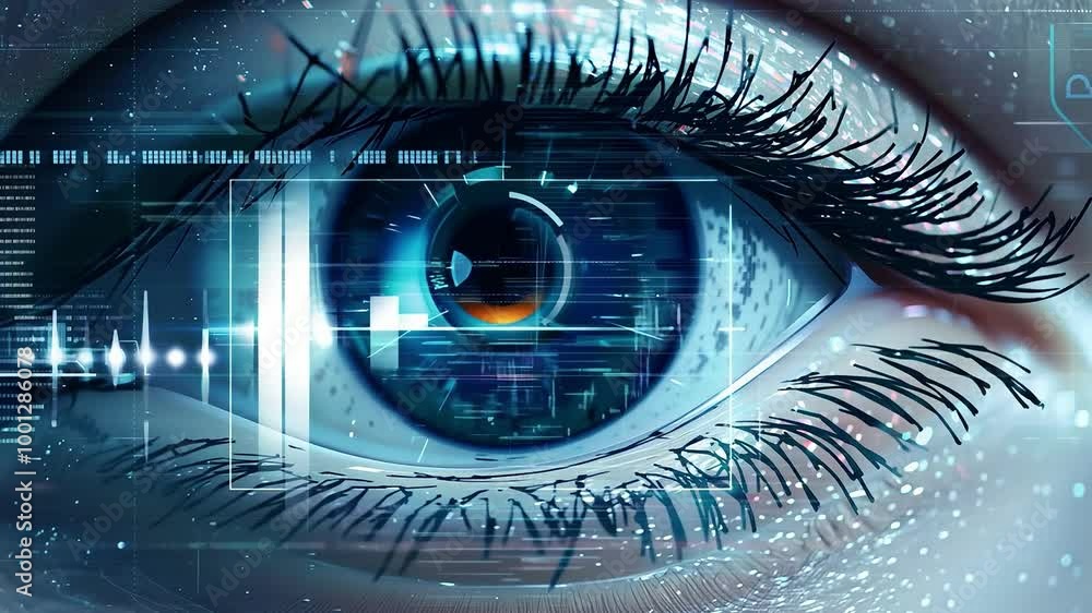 Close-up of a human eye with digital interface and biometric data ...