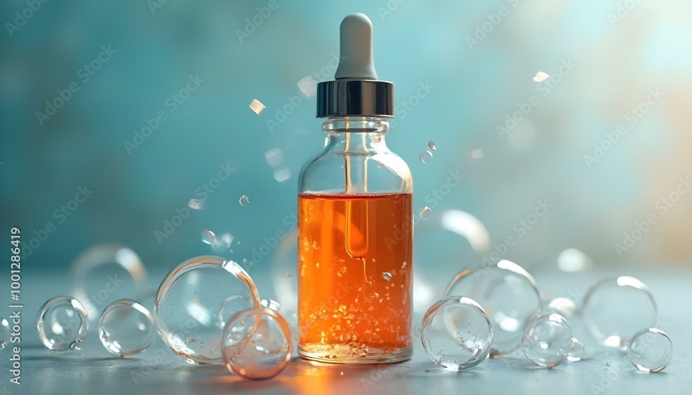Orange liquid in a glass dropper bottle with copy space or room for advertising serum beauty oxygen bubbles Orange liquid in a glass dropper bottle with copy space or room for advertising serum beauty oxygen bubbles