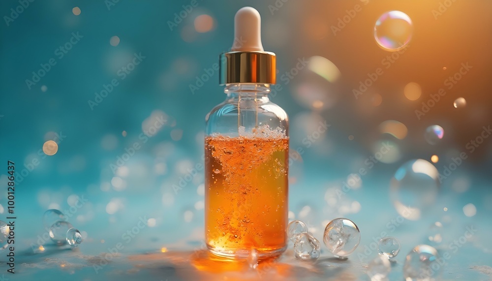 Orange liquid in a glass dropper bottle with copy space or room for advertising serum beauty oxygen bubbles Orange liquid in a glass dropper bottle with copy space or room for advertising serum beauty oxygen bubbles