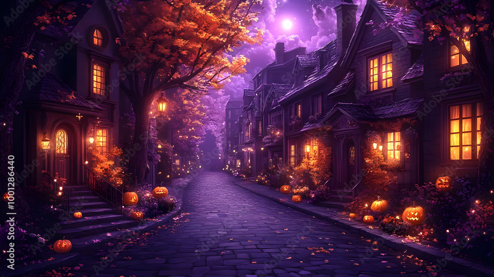 Spooky Street with Jack-o-Lanterns and Autumn Leaves Spooky Street with Jack-o-Lanterns and Autumn Leaves