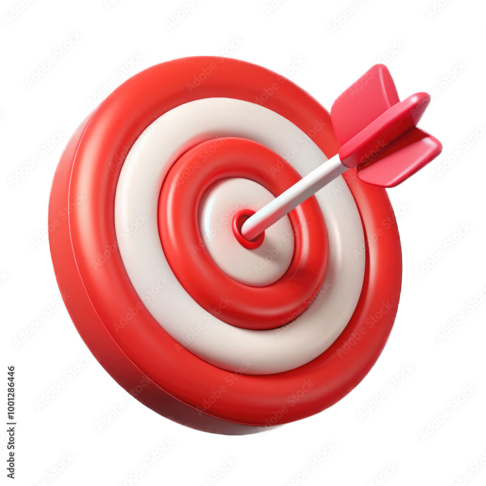 Red bullseye dart arrow hitting target center of dartboard. Concept of success, target, goal, achievement. Cartoon style cutout PNG Red bullseye dart arrow hitting target center of dartboard. Concept of success, target, goal, achievement. Cartoon style cutout PNG