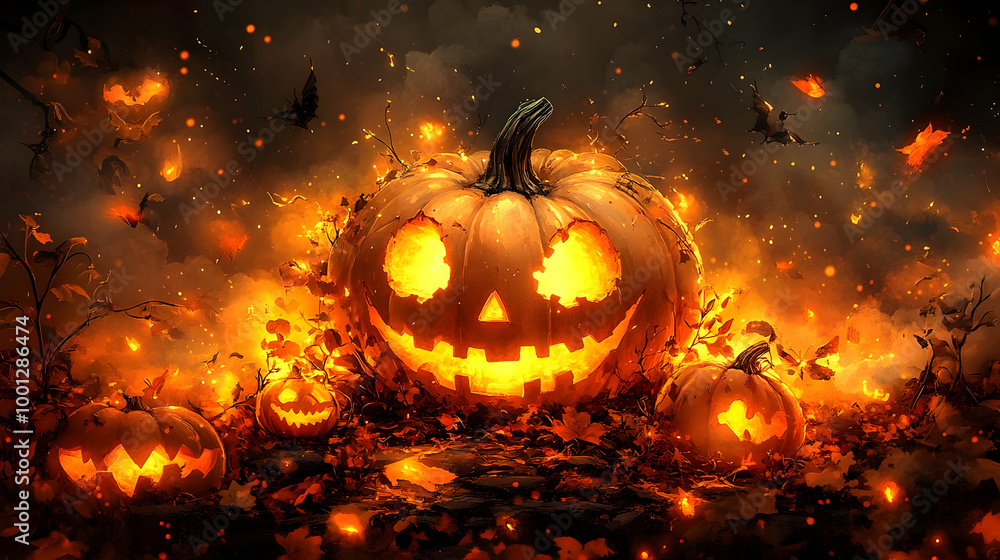 Fototapeta premium Fiery Jack-o'-Lanterns Illuminate the Autumn Night with Enchanting Glow