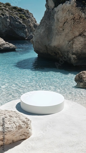 White Round Podium on Secluded Cove Beach with Clear Blue Water. photo