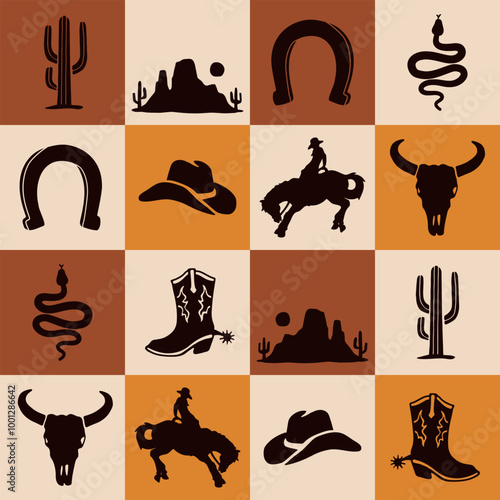 Western Theme Checkered Vector Seamless Pattern. Cowboy  Seamless Pattern.  Wild West Seamless Repeat Design. Boho Seamless Pattern. 