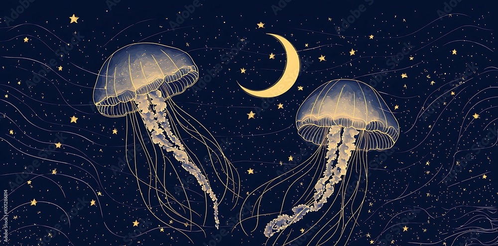 A whimsical illustration of jellyfish floating in the night sky A whimsical illustration of jellyfish floating in the night sky