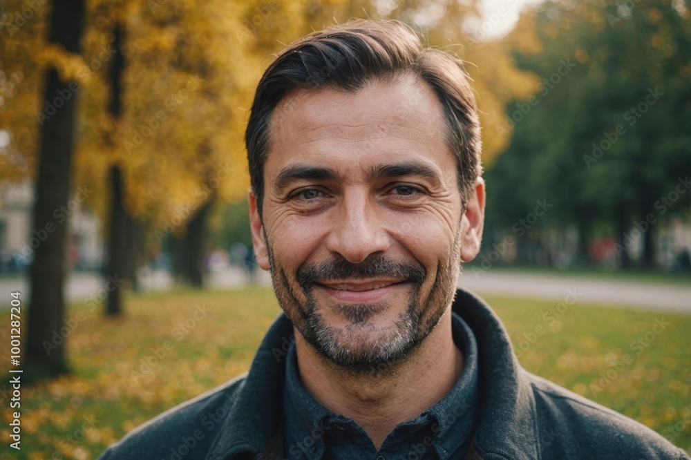 Close portrait of a smiling 40s Romanian man looking at the camera, Romanian outdoors blurred background Close portrait of a smiling 40s Romanian man looking at the camera, Romanian outdoors blurred background