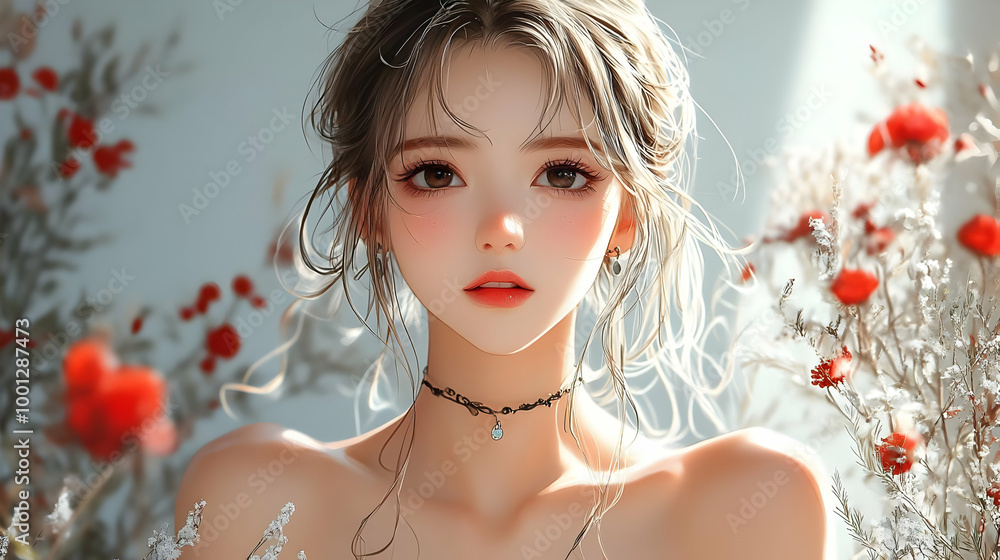 Anime Girl with Flowers, Beautiful Eyes, and Delicate Features Anime Girl with Flowers, Beautiful Eyes, and Delicate Features