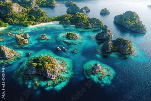 uninhabited islands surrounded by a stunning blue lagoon contrast against azure ocean captured from a breathtaking top view evoking a sense of paradise