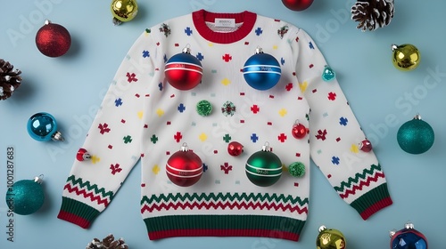 Festive Christmas Sweater with Ornaments and Pine Cones