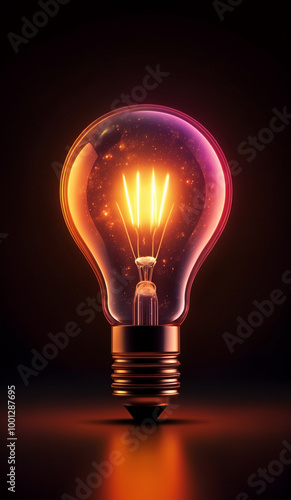 Warm tones holographic glowing lightbulb with copy space.