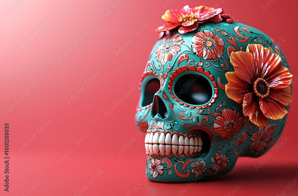 Vibrant sugar skull adorned with floral patterns, perfect for Day of the Dead celebrations, offering a colorful centerpiece for events and decorations. Vibrant sugar skull adorned with floral patterns, perfect for Day of the Dead celebrations, offering a colorful centerpiece for events and decorations.