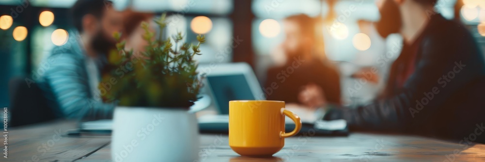 A yellow coffee mug on a wooden table in a cafe, with blurred people in the background. A yellow coffee mug on a wooden table in a cafe, with blurred people in the background.