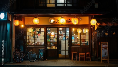 Fototapeta Naklejka Na Ścianę i Meble -  Japanese Street Food Stall at Night. Traditional Japanese Restaurant. Small Japanese Restaurant Facade. Japanese Lantern Lit Night