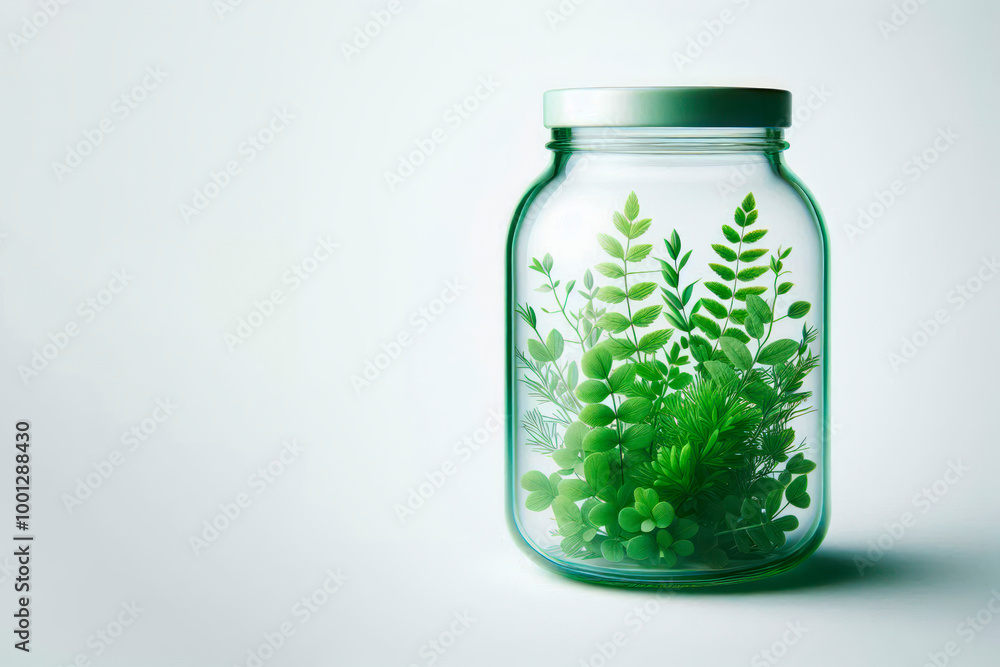 Green plants in a glass jar on a light background. Space for text.