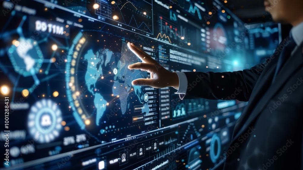 Fototapeta premium Businessman interacting with a large digital screen displaying data and a world map.