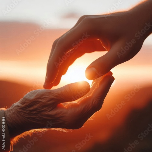 A warm touch of hands at sunset.