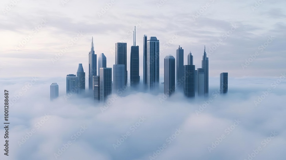 Ambient fog, enveloping futuristic cityscape, 3D illustration Ambient fog, enveloping futuristic cityscape, 3D illustration