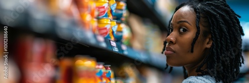 A young woman with dreadlocks shopping in a grocery store aisle.