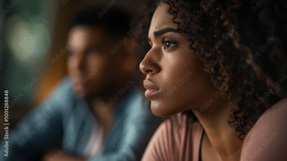 A woman with a thoughtful expression looks away from the camera while sitting next to a man. A woman with a thoughtful expression looks away from the camera while sitting next to a man.