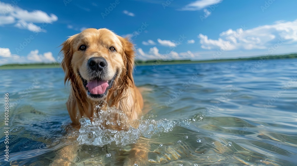 Golden Retriever dog smiling happily while swimming in the water. Golden Retriever dog smiling happily while swimming in the water.