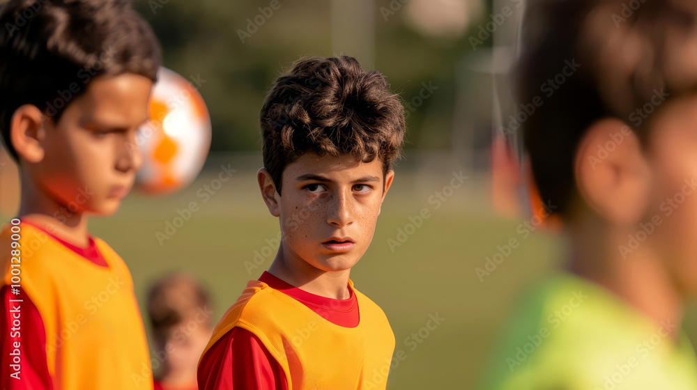 Fototapeta premium Young boy in a red and orange soccer jersey looking focused.