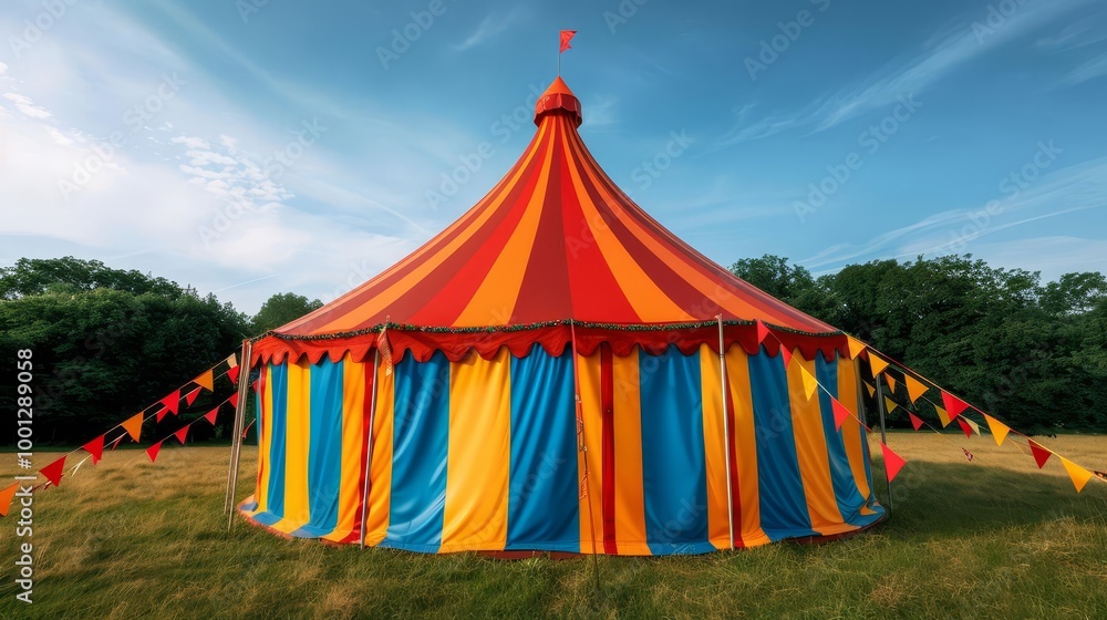 A classic red and yellow striped circus tent set up in a field. A classic red and yellow striped circus tent set up in a field.