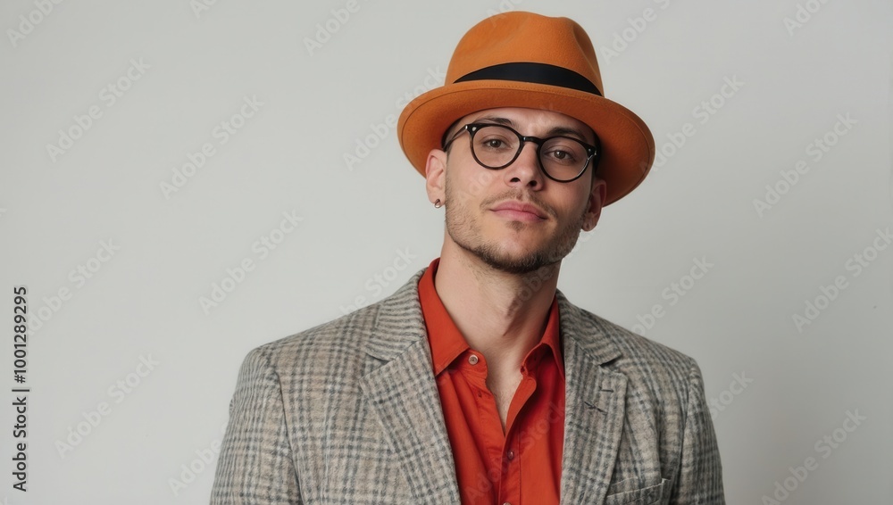 A man in a checkered jacket and glasses, wearing a hat, posing against a light background A man in a checkered jacket and glasses, wearing a hat, posing against a light background