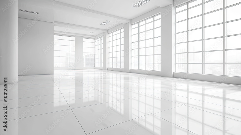 Empty white room with ceramic tile floor in perspective, large windows letting in light, and minimal ceiling lights, creating a spacious, clean atmosphere. Empty white room with ceramic tile floor in perspective, large windows letting in light, and minimal ceiling lights, creating a spacious, clean atmosphere.