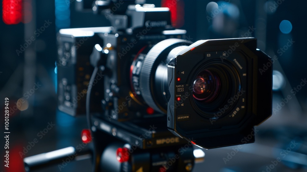 Close-up of a professional video camera lens with a blurred background. The camera is ready to capture the action. Close-up of a professional video camera lens with a blurred background. The camera is ready to capture the action.