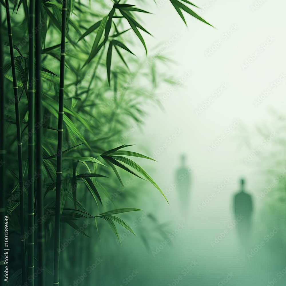 Bamboo forest, dense fog, zen atmosphere, 3D illustration Bamboo forest, dense fog, zen atmosphere, 3D illustration
