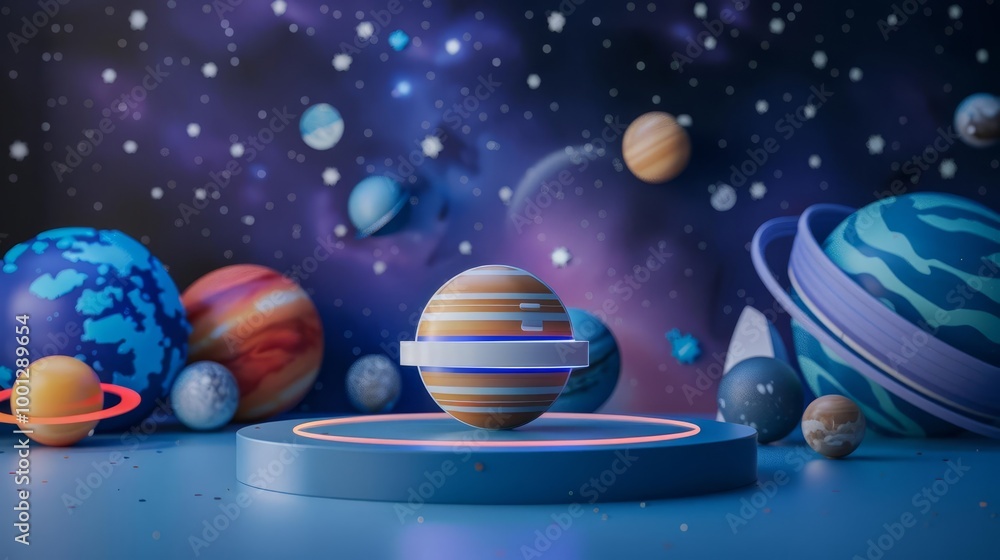 3D rendered planets on a blue platform against a starry galaxy background. 3D rendered planets on a blue platform against a starry galaxy background.