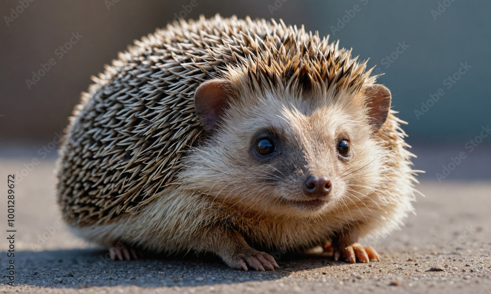 Fototapeta premium A small hedgehog walks on a paved path