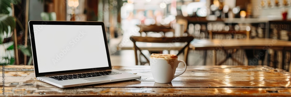 Laptop with blank screen on a wooden table in a cafe with a cup of coffee. Laptop with blank screen on a wooden table in a cafe with a cup of coffee.