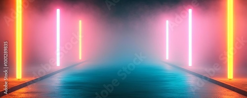 Wallpaper Mural City street, foggy night, glowing neon lights, 3D illustration Torontodigital.ca