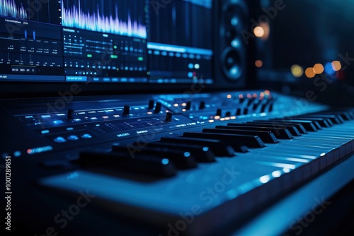 Close-up of a digital music production studio with a keyboard, mixing console, and audio visualization software in a dark, illuminated environment.