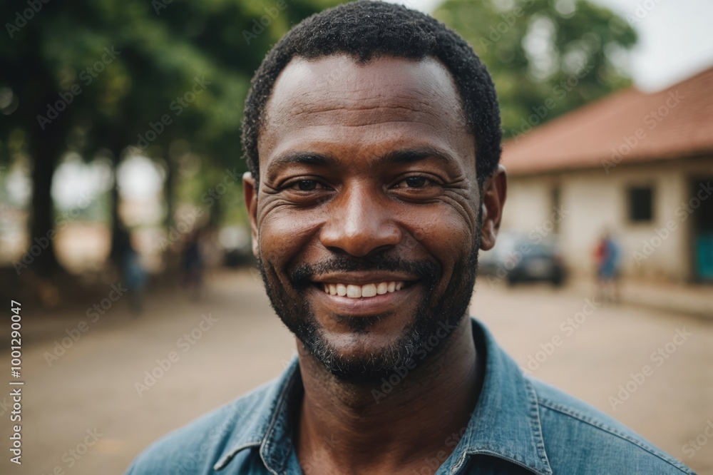 Close portrait of a smiling 40s Sao Tomean man looking at the camera, Sao Tomean outdoors blurred background Close portrait of a smiling 40s Sao Tomean man looking at the camera, Sao Tomean outdoors blurred background