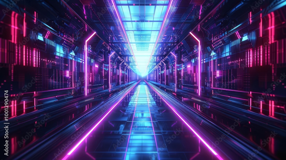 Neon glowing lines illuminate a futuristic corridor. Neon glowing lines illuminate a futuristic corridor.