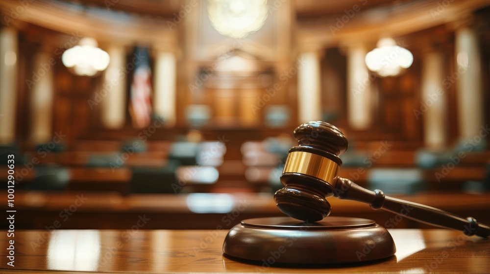 A wooden gavel sits on a table in a courtroom, with the judge's bench and American flag in the background. A wooden gavel sits on a table in a courtroom, with the judge's bench and American flag in the background.