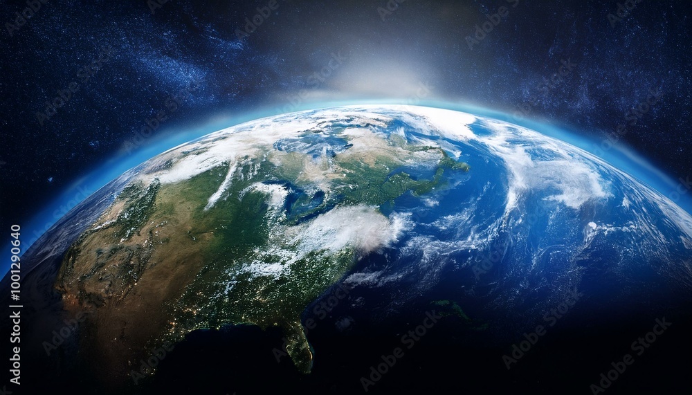 Fototapeta premium 宙空間から見下ろす美しい地球。青と白のマーブル模様が広がり、青い海や白い雲、緑の大陸が太陽の光を受けて広がっている。その背景には無限の宇宙と星々が広がる、地球の豊かさと儚さが見えてく.j