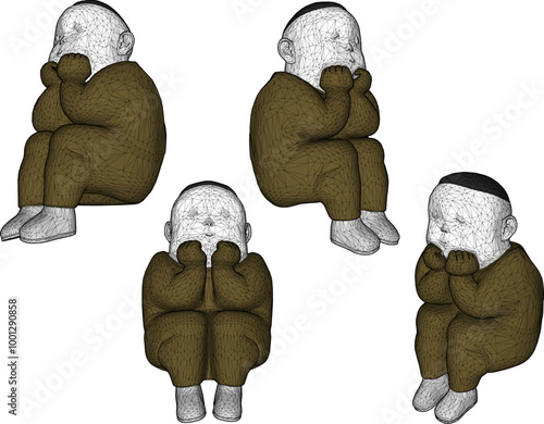 Vector sketch illustration silhouette design image of a fat little boy sitting daydreaming