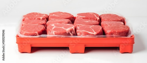 A tray of neatly arranged, fresh red meat cuts packaged for sale. photo