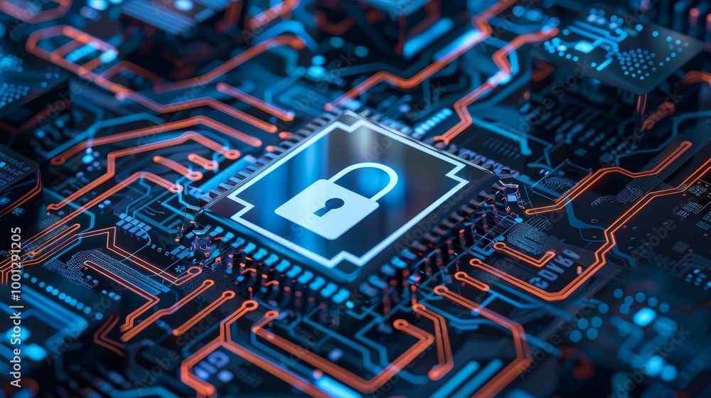 Cybersecurity concept with a glowing padlock icon on a circuit board. Cybersecurity concept with a glowing padlock icon on a circuit board.