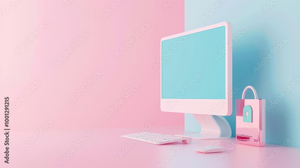 White computer with blank screen, keyboard and mouse on pink and blue background, with a shopping bag White computer with blank screen, keyboard and mouse on pink and blue background, with a shopping bag